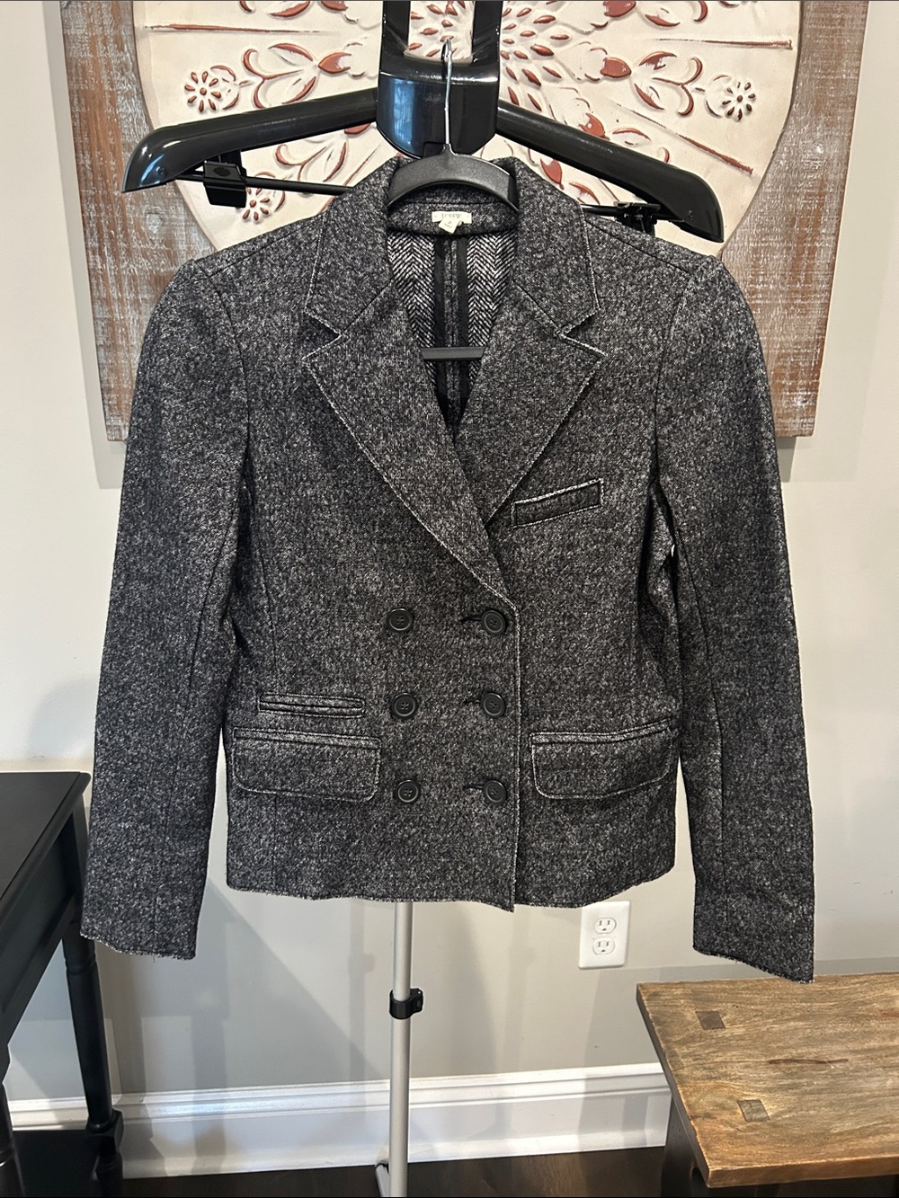 J. Crew Women’s Black/Gray Double-Breasted Wool-Blend Blazer Size 2